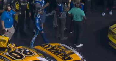 After being wrecked battling for 2nd, Ryan Blaney confronts Carson Hocevar – punches begin flying.