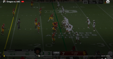 Desman Stevens is ejected for focusing on after hitting the top of Dante Moore, who’s then carted off the sector