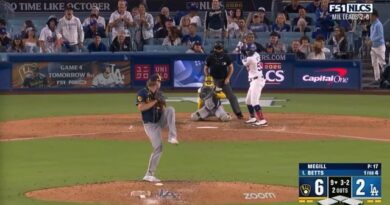 Trevor Megill strikes out Mookie Betts strikes because the Brewers at the moment are up 3-0 on the Dodgers